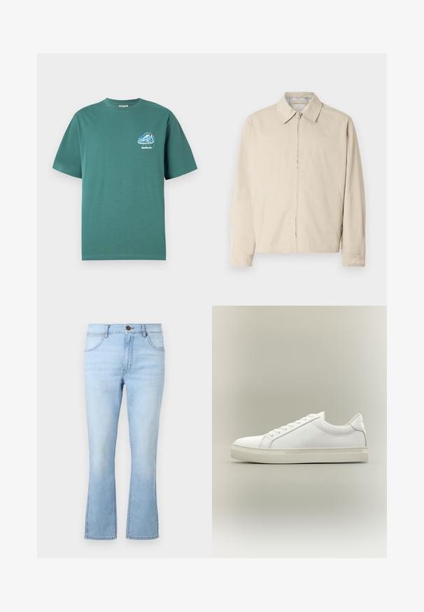 Beige lichtgewicht jack met een puntige kraag, ritssluiting aan de voorkant en zijzakken. Glad textuur en eenvoudig ontwerp.; Groene katoenen T-shirt met korte mouwen, met een kleine, kleurrijke grafische afbeelding op de linkerborst. Lichtgewicht, normale pasvorm.; Lichtblauwe flared jeans van denim met vijf zakken, een knoop- en ritsluiting en contrasterende stiksels. Heeft een licht vervaagde wassing.; Witte lage sneaker met veters aan de voorkant en dikke zool, zijaanzicht tegen een neutrale achtergrond.