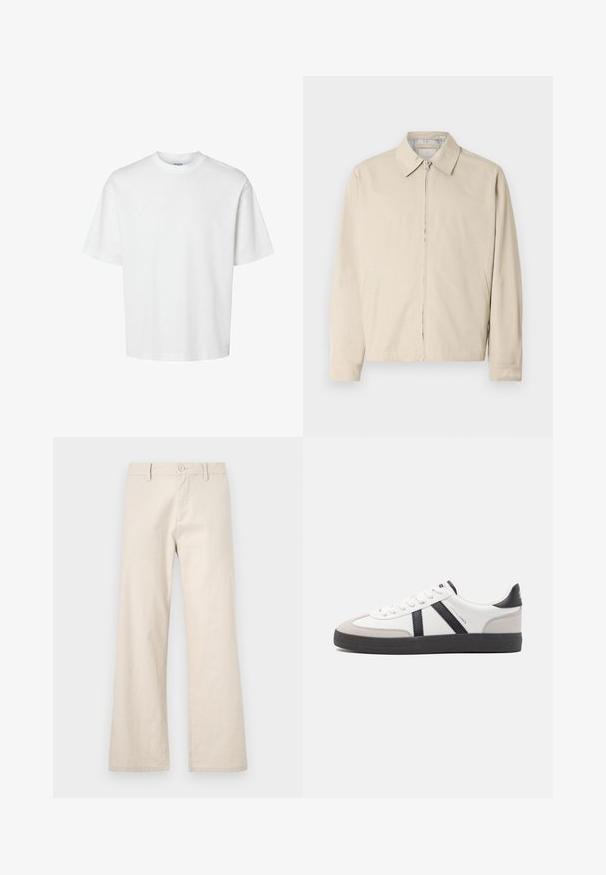 Beige lichtgewicht jack met een puntige kraag, ritssluiting aan de voorkant en zijzakken. Glad textuur en eenvoudig ontwerp.; Effen witte korte mouw T-shirt met ronde hals en een losse pasvorm, getoond op een witte achtergrond.; Beige wijde broekspijpen gemaakt van lichtgewicht stof, met een knoopsluiting en voorkruiszakken, met een gladde, niet-geweven afwerking.; Witte sneaker met zwarte en grijze accenten, voorzien van een grijze neus met textuur, zwarte rubberen zool en platte witte veters. Schoon ontwerp, minimalistische stijl.