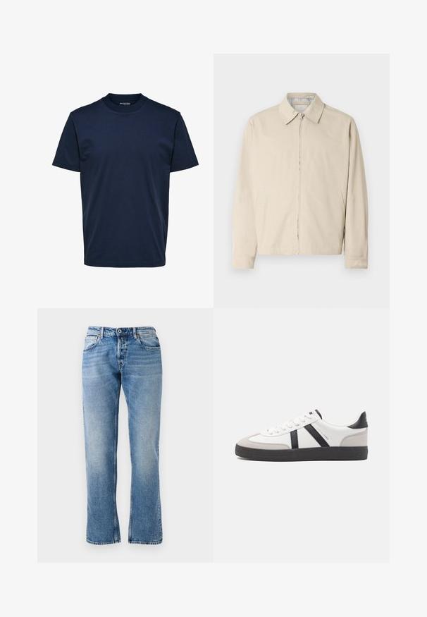 Beige letvægtsjakke med spidse krave, front lynlås lukning og sidelommer. Glat tekstur og enkelt design.; Herre plain mørkeblå T-shirt med korte ærmer og rund hals med almindelig pasform og uden synlige mønstre eller logoer.; Lysblå denimjeans med lige pasform, fem lomme-design og let falmede detaljer. Har en knap- og lynlåslukning samt en syet kant.; Hvide sneakers med sorte og grå detaljer, med en tekstureret grå tåhætte, sort gummisål og flade hvide snørebånd. Rent design, minimalistisk stil.