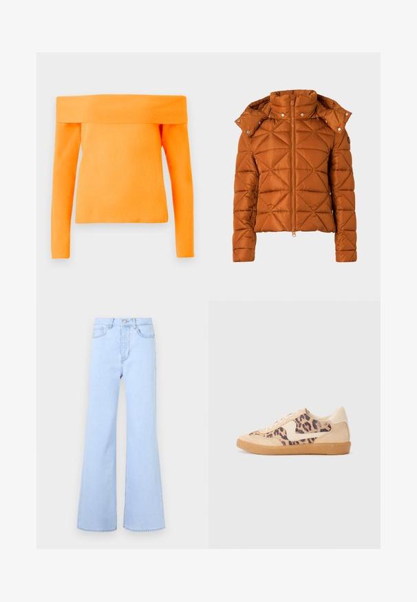 Brun quiltet puffjakke med høj krave, lynlåslukning og trykknapper på hætten. Har diamantformet syning og en cropped design.; Orange off-shoulder ribbet striktrøje med lange ærmer og bredt foldet halsudskæring.; Lyseblå flagrende jeans med høj talje, der har fem lommer, knaplukning og en glat denimstruktur. Kanten er pænt syet.; Leopardprint sneakers med beige ruskindsoverdel, tan gummisål og hvide detaljer. Rund pegefinger og snørebåndsdesign med en tekstureret finish.