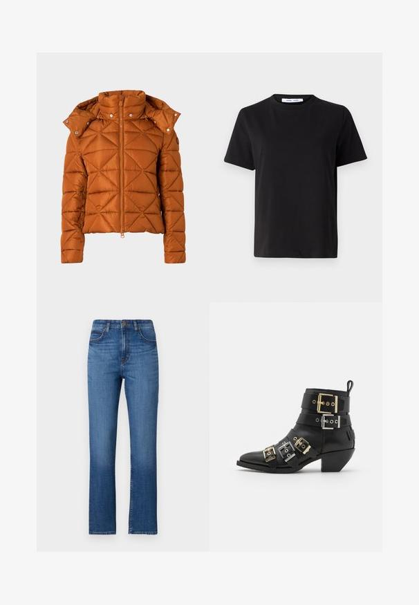 Brun quiltet puffjakke med høj krave, lynlåslukning og trykknapper på hætten. Har diamantformet syning og en cropped design.; Sort t-shirt med korte ærmer fremstillet af blødt bomuld, med rund halsudskæring, afslappet pasform og en glat overflade. Ingen synlige mønstre eller grafik.; Blå denim jeans med lige ben, høj talje, fem lommer og diskrete stikninger langs sømmene. Glat tekstur.; Sorte læder ankelstøvler med spids tå, udstyret med flere remme prydet med guld- og sølvspænder. Design med blokhæle.