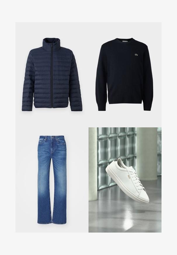 Calvin Klein CHANNELED PUFFER - Ľahká bunda - dark sapphire; Námornícky sveter s okrúhlym výstrihom vyrobený z mäkkého materiálu, s rebrovanými manžetami a spodným lemom. Malé zelené logo Lacoste na hrudi.; Modré deninové džínsy so strihom rovného nohavicu, s vyblednutým umývaním, piatimi vreckami a zapínaním na gombík a zips v páse.; Biela kožená teniska s nízkym strihom, šnúrkami, čiernou pätovou záložkou a logom „BOSS“, ktorá visí vo vzduchu v interiéri pri stene zo sklenených blokov a leštenej podlahe.
