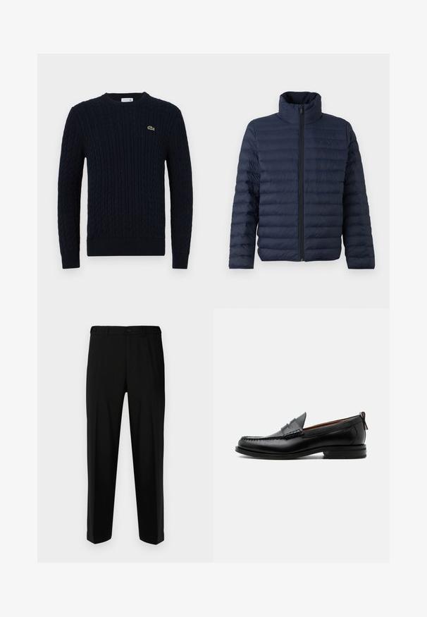 Calvin Klein CHANNELED PUFFER - Overgangsjakke - dark sapphire; Marineblå striktrøje med kabelmønster, rund hals, ribkant ved ærmer og bund samt et lille grønt krokodillelogo på brystet.; Sorte bukser lavet af glat stof, med lige snit, to forlommer og lynlås med knaplukning.; Sort læder herre loafer med moc-tå syning, penny strop, struktureret krave og lav stablet hæl på hvid baggrund.