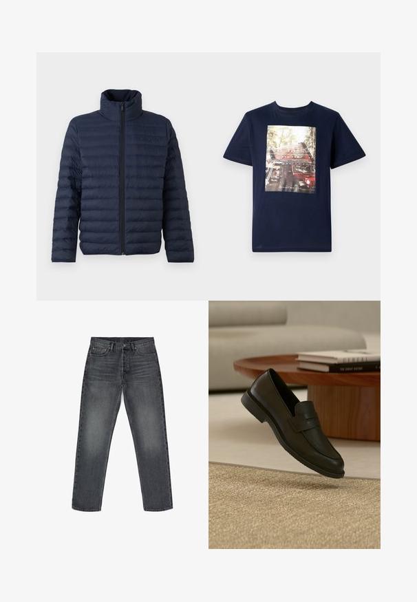 Calvin Klein CHANNELED PUFFER - Übergangsjacke - dark sapphire; TOM TAILOR PHOTO PRINT - T-Shirt print - sky captain blue; Graue Jeans aus Denim mit geradem Schnitt, fünf Taschen, Knopfverschluss und dezentem Verblassen. Verstärkte Nähte und Kupferakzente.; Schwarzer Lederloafer-Schuh schwebt über einem beige gewebten Teppich, mit einem Holztisch und gestapelten Büchern in einem sanft beleuchteten Wohnzimmer.