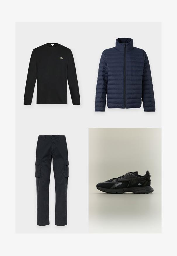 Calvin Klein CHANNELED PUFFER - Overgangsjakke - dark sapphire; Sort langærmet crew neck skjorte med lille grønt krokodillelogo på venstre bryst, vist mod en ensartet lys baggrund.; Sorte cargo-bukser lavet af slidstærkt materiale, med to sidelommer, lige ben og knaplukning i taljen.; Sort Lacoste sneaker med mesh- og ruskindspaneler, sort sål, snørebånd, logo og koordinattekst på siden på en ensfarvet beige baggrund.