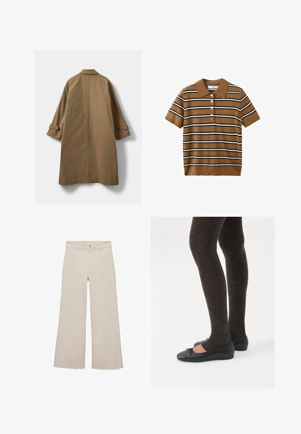 Brun trenchcoat med kravehals, raglanærmer og knapmanschetter. Har en glat tekstur og et mellemlangt design.; Brun kortærmet polotrøje med sorte og hvide vandrette striber og fire hvide knapper foran.; Beige brede jeans med høj talje, lavet af denimstof. Har en rå kant forneden samt en frontknap og lynlås lukning.; Ben iført mørke ribbede leggings kombineret med sorte balletsko med små sløjfedetaljer på hvid baggrund.