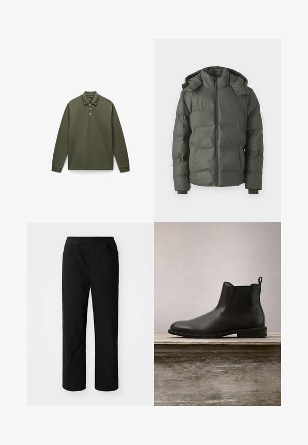 Puffer takki tummanvihreänä, jossa on huppu, vetoketjukiinnitys, elastiset hihansuut ja sileä pinta, jossa on parhaat tyynyn yksityiskohdat.; Oliivivärinen pitkähihainen poolopaita, joka on valmistettu puuvillasta. Paita sisältää kolmen napin listan, ribattu hihansuu ja pienen brodeeratun logon rinnassa.; Musta puuvillapantsit rento istuvuudella, joustava vyötärö, kaksi etutaskua ja suorat lahkeet. Sileä rakenne ilman näkyviä kuvioita.; Mustat nahkaiset nilkkasaappaat, joissa on sileä pinta, pyöreä varvas, joustavat sivupaneelit ja kantapään vetotappi, asetettuna puupinnalle.