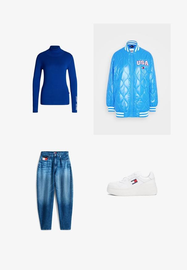 Veste bomber rembourrée bleue avec texture matelassée, col et poignets côtelés. Présente une broderie "USA" en rouge et blanc à l'avant.; Pull col roulé bleu en tissu doux et extensible. Il a des manches longues et le texte "JOOP! JEANS" imprimé en blanc sur la manche droite.; Jean délavé bleu taille haute avec poches avant, passants pour ceinture, fermeture par bouton, et une étiquette en tissu rouge, blanc et bleu visible dans la petite poche.; Baskets de sport blanches avec une semelle épaisse, arborant un logo de marque en rouge, blanc et bleu sur le côté, et une texture en cuir lisse.
