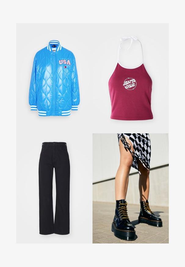 Blauwe gewatteerde bomberjack met een gequiltde textuur, geribde kraag en manchetten. Heeft een geborduurde 'USA' in rood en wit op de voorkant.; Bordeaux halter crop top met witte rand, met een cirkelvormig logo waarop "Santa Cruz" in het wit staat, gemaakt van ribbel katoen.; Zwarte hoge taille wijdlopende jeans met een sluiting aan de voorkant met knoop en rits, ceintuurlussen en twee voorzakken op een witte achtergrond.; Zwarte leren platformlaarzen met chunky zolen, gouden veters en oranje stiksels, gecombineerd met een geruite rok met een zijformulier.