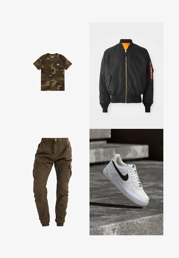Veste bomber noire avec fermeture éclair dorée, poignets côtelés et doublure orange. Elle présente une poche latérale et une étiquette rouge de marque sur la manche.; T-shirt camouflage en vert olive, marron et noir, à manches courtes, col rond, avec un petit logo blanc sur la poitrine. Matière en coton doux.; Pantalons cargo en vert olive, fabriqués en coton. Dotés d'une taille élastique, d'un cordon de serrage, de poches latérales et de poignets fuselés. Texture de tissu durable.; Baskets blanches Nike Air Force 1 avec le swoosh noir, lacets attachés, en suspension dans les airs au-dessus d'une surface en béton texturé en extérieur.