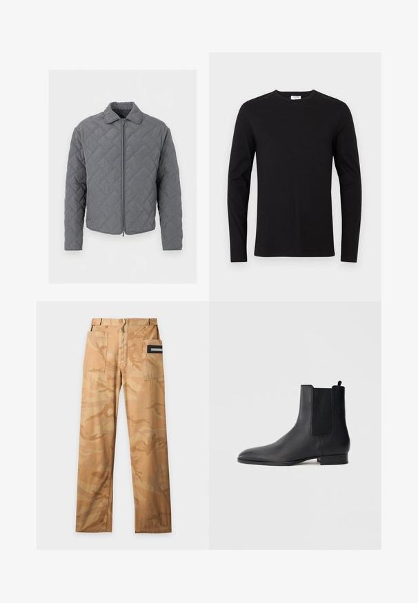 Veste matelassée grise à manches longues, col et fermeture éclair à l'avant, présentée sur un fond blanc uni.; T-shirt noir à manches longues en coton, doté d'un col rond et d'un design simple sans motifs ni ornements visibles.; Pantalon cargo camouflage beige et sable avec deux grandes poches avant et une fermeture éclair à l'avant sur un fond uni.; Botte Chelsea en cuir noir avec panneaux latéraux élastiques et petit talon empilé, vue de profil sur un fond clair uni.