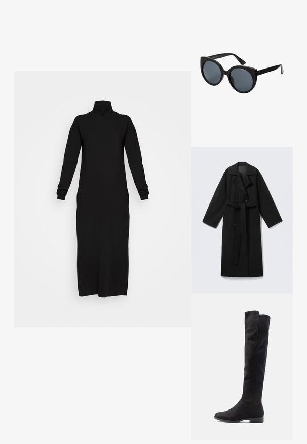 Manteau en mélange de laine noire avec un col à revers, manches longues, devant à double boutonnage, poches latérales et ceinture en tissu. Texture lisse.; Robe noire à manches longues et col roulé, en tissu doux, légèrement ajustée, atteignant mi-mollet, avec des poignets et un col côtelés.; Bottes noires en suède haute jusqu'au genou avec une texture lisse, un bout arrondi et un petit talon carré ; design minimaliste sans quincaillerie visible.; Lunettes de soleil oversize noires en forme d'œil de chat, avec des verres teintés foncés et une monture en plastique brillant. Caractéristiques de branches épaisses pour le soutien.