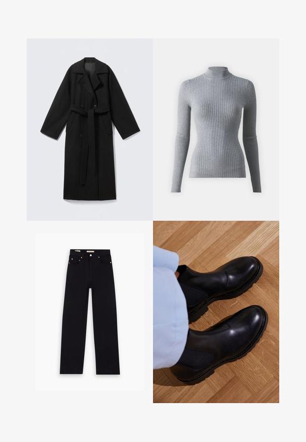 Sort uldblandet frakke med en nedlagt krave, lange ærmer, dobbeltradet front, sidelommer og et stofbælte. Glat tekstur.; Grå ribbet turtleneck sweater med lange ærmer, lavet af strikket stof. Har en tætsiddende design og en høj krave for ekstra varme.; Sorte denim jeans med lige pasform, fem lommer, kobberdetaljer og en glat tekstur. To mærker synlige på taljebåndet.; Sorte ankelstøvler lavet af glat læder med elastiske sidepaneler, en tekstureret gummisål og kontraststing langs kanten.
