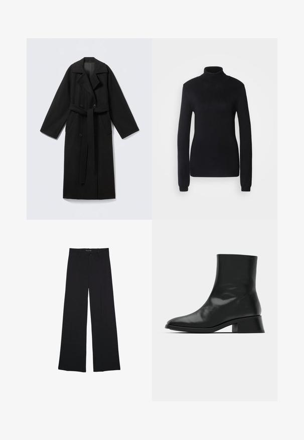 Manteau en mélange de laine noire avec un col à revers, manches longues, devant à double boutonnage, poches latérales et ceinture en tissu. Texture lisse.; Pull en col roulé noir fabriqué dans un tissu en maille douce, présentant des manches longues et une silhouette ajustée avec un col et un ourlet côtelés.; Pantalon noir à jambes larges avec passants de ceinture, bouton frontal et fermeture éclair, étalé à plat sur un fond blanc.; Bottine noire en cuir brillant, au design épuré, avec un bout pointu et un petit talon bloc pour plus de stabilité.