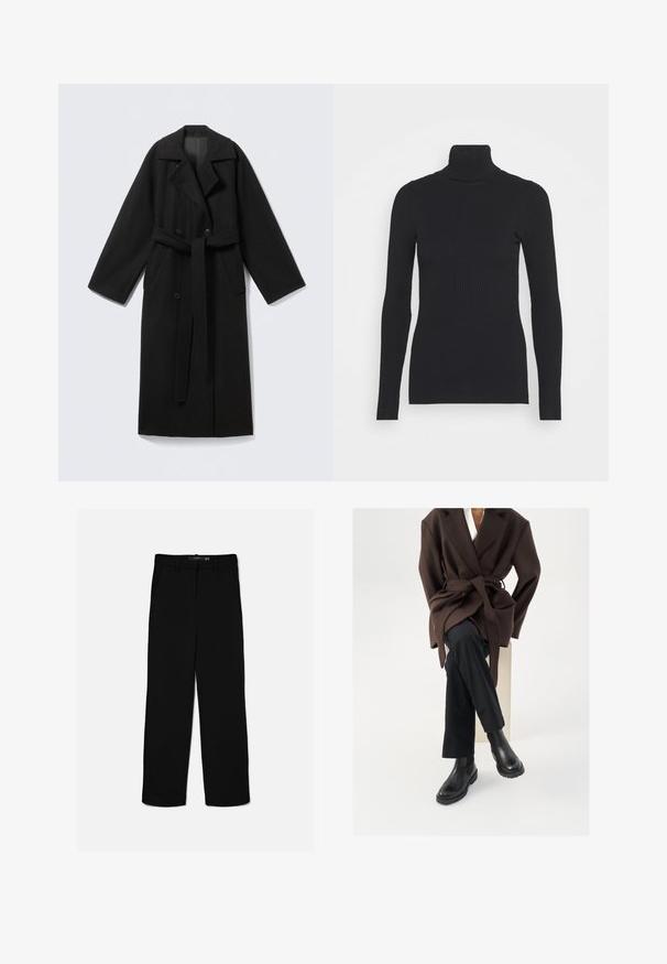 Abrigo negro de mezcla de lana con cuello de solapa, mangas largas, cierre frontal cruzado, bolsillos laterales y cinturón de tela. Textura suave.; Suéter ajustado de canalé negro con cuello alto, que presenta mangas largas y una silueta ceñida. La textura es suave con un patrón de canalé horizontal.; Pantalones negros de corte recto con trabillas, cremallera frontal y bolsillos laterales, colocados planos sobre un fondo claro.; Abrigo de mezcla de lana marrón con cinturón, llevado sobre una camisa blanca y pantalones negros, combinado con botas chelsea negras, sobre un fondo blanco.