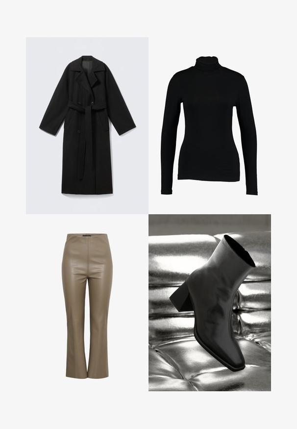 Manteau en mélange de laine noire avec un col à revers, manches longues, devant à double boutonnage, poches latérales et ceinture en tissu. Texture lisse.; T-shirt noir à manches longues et col roulé en tissu lisse, avec une coupe ajustée et un col haut, idéal pour les superpositions ou à porter seul.; Pantalon taille haute et jambe droite en simili cuir taupe, présenté debout sur un fond blanc uni. Aucun fermoir ou poche visible.; Botte noire à la cheville en matériau brillant avec un bout carré et un talon effilé, sur un fond argenté brillant et capitonné.