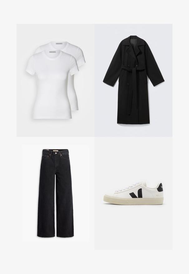 Manteau en mélange de laine noire avec un col à revers, manches longues, devant à double boutonnage, poches latérales et ceinture en tissu. Texture lisse.; Deux t-shirts en coton blanc à manches courtes, à encolure ronde et à coupe ajustée, présentant une texture lisse et un design minimaliste.; Jean noir à jambe large en denim, comportant cinq poches, des rivets en laiton et une fermeture à bouton classique. Texture lisse avec un design épuré.; Baskets en cuir blanc avec un logo V en caoutchouc noir. Semelle texturée blanc cassé, lacets blancs et détail sur le talon arrière portant le nom de la marque en noir.
