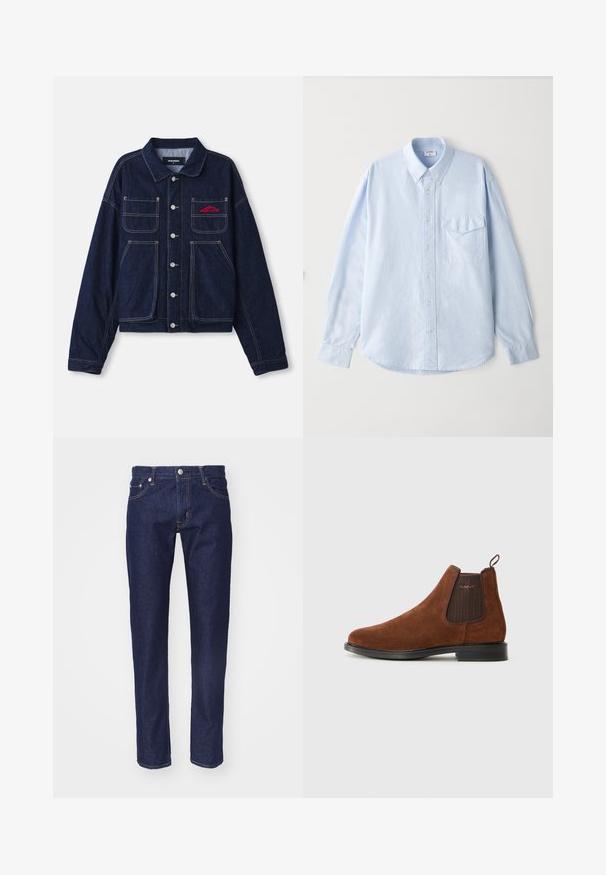 Mørk denimjakke med krave, frontknapper, to brystlommer og broderet logo i rødt. Har kontrasterende gule sømme.; Lyseblå skjorte med knapper lavet af blødt stof, med klassisk krave, lange ærmer og en brystlomme med klap.; Mørkeblå denim jeans med lige pasform, fem-lomme design, kontrasterende orange syninger og en sølvknaplukning i taljen.; Brune ruskinds Chelsea-støvle med elastisk sideskilt, løkke til at trække i bagpå, sort sål og subtil "GANT" logo på sideskilt.