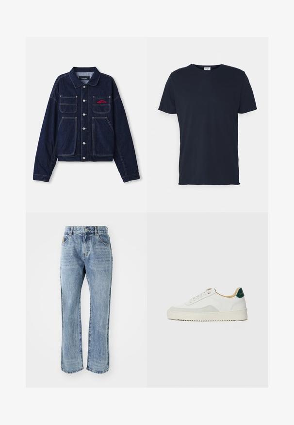 Mørk denimjakke med krave, frontknapper, to brystlommer og broderet logo i rødt. Har kontrasterende gule sømme.; Marineblå bomulds t-shirt med rund hals og korte ærmer, med en glat tekstur og enkel design, uden synlige mønstre eller accenter.; Billionaire Boys Club CASINO PANT - Jeans Straight Leg - light wash blue; Hvide sneakers med ruskindsdetaljer, rund tå, flade snørebånd og en cremet gummisål. Har grøn branding på hælen.