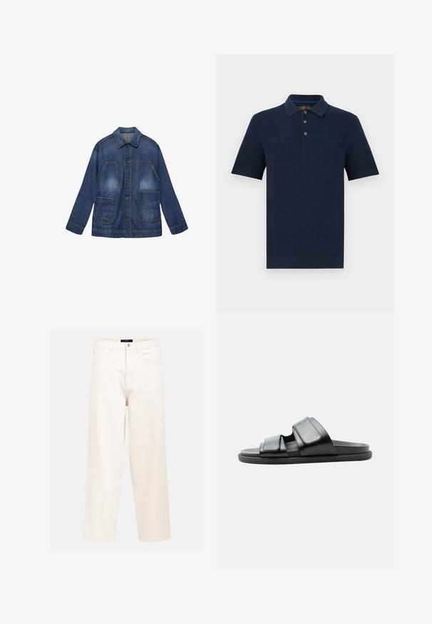 Denimjas met knoopsluiting, lange mouwen, twee grote opgestikte voorzakken en een klassieke kraag in medium blauwe wassing.; Navyblauw gebreid polohemd met korte mouwen, drieknoopssluiting en geribde kraag, manchetten en zoom, weergegeven op een witte achtergrond.; Lichtbeige wijdvallende jeans van katoen denim met een hoge taille, vijfzakkenontwerp en een enkele sluiting met knoop aan de voorkant.; Zwarte slippersandaal met twee brede verstelbare banden en een platte zool, zijaanzicht op een lichte achtergrond.