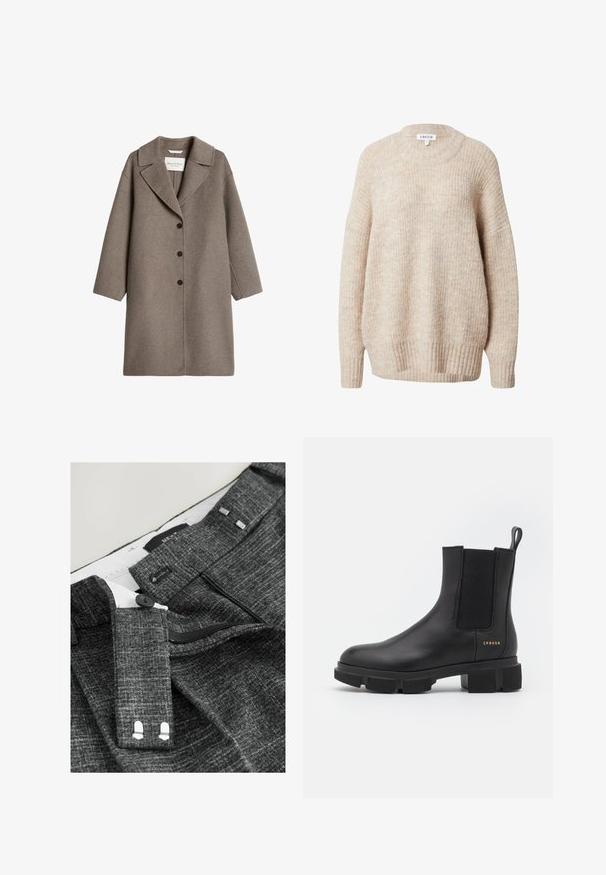 Langer taupefarbener Wollmantel mit breitem Kragen und drei schwarzen Knöpfen vorn, auf weißem Hintergrund dargestellt.; Beige gestrickter Pullover mit rundem Halsausschnitt, überschnittenen Schultern sowie gerippten Bündchen und Saum. Merkmale einen strukturierten, leicht lockeren Sitz.; Grau strukturierte Hosen verfügen über einen Knopfverschluss, einen Reißverschluss und Stoffgürtelschlaufen, mit einem weißen Innenfutter und markanten Nähdetails.; Schwarze Leder-Ankle-Boots mit elastischen Seitenpaneelen und einer robusten, profilierten Sohle. Mit einer Zuglasche und goldenen Markendetails. Matte Oberfläche.