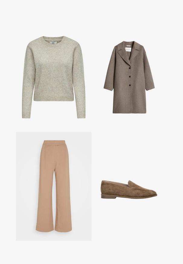 Lange taupekleurige wollen jas met brede kraag en drie zwarte knopen aan de voorkant, getoond op een witte achtergrond.; Lichtbeige vrouwen trui gemaakt van zacht gebreide stof, met een ronde halslijn en ribgebreide manchetten en zoom. Klassiek, recht gesneden ontwerp.; Anna Field by Zalando Broek - brown; Bruine suède instapsloffen met lage hak en afgeronde neus, zijaanzicht tegen een witte achtergrond.
