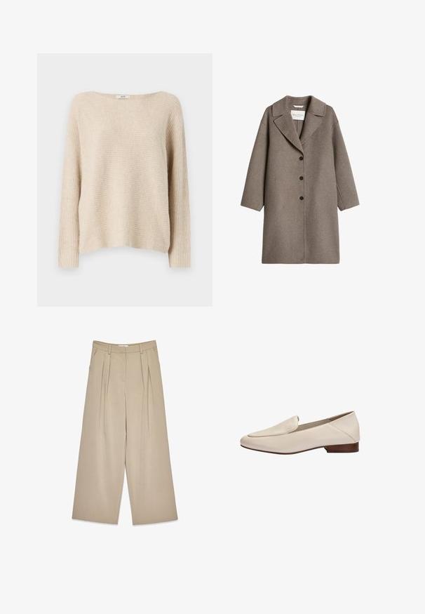 Lange taupekleurige wollen jas met brede kraag en drie zwarte knopen aan de voorkant, getoond op een witte achtergrond.; Beige gebreide trui met een losse pasvorm, brede botte halslijn en ribgebreide manchetten. Zachte textuur met een subtiel horizontaal patroon overal.; Beige wijde broek met voorplooien, zijzakken, riemlussen en een verborgen sluiting aan de voorkant.; Beige leren loafer met lage houten hak en afgeronde vierkante neus, zijaanzicht tegen een witte achtergrond.