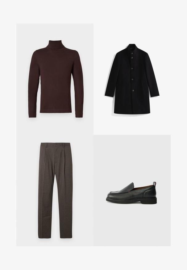 Manteau long noir avec col montant, cinq boutons visibles sur le devant et deux poches latérales, posé à plat sur un fond blanc.; Pull en col roulé à manches longues de couleur brun foncé, avec une coupe ajustée, présenté sur un fond blanc uni.; Pantalons marron ajustés avec plis à l'avant, passants de ceinture et une fermeture à bouton unique à la taille sur un fond blanc.; Chaussure slip-on en cuir noire avec un bout rond, un dessus texturé, des coutures rouges contrastantes et un petit talon. Présente une languette en boucle.
