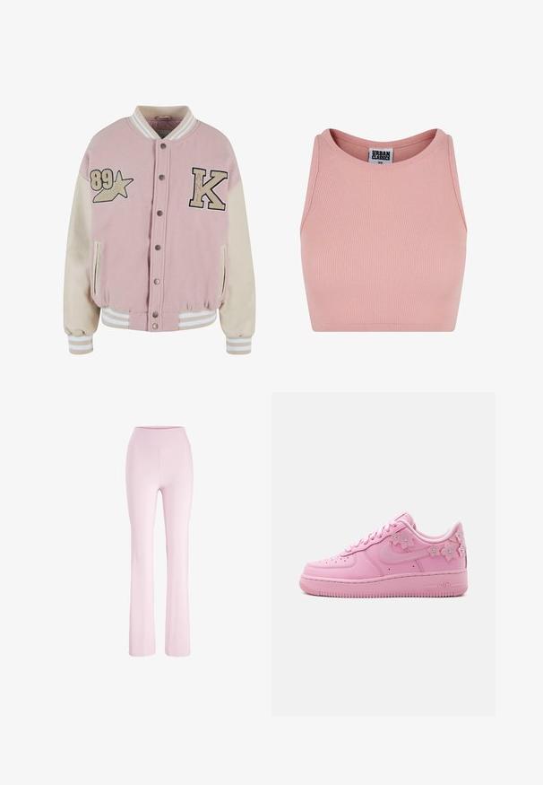 Karl Kani RETRO PATCH STAR OS COLLEGE - Chaquetas bomber - rose lightsand; Top corto de canalé rosa con escote redondo, fabricado en tejido elástico. Sin mangas y con una etiqueta interior que dice "URBAN CLASSICS".; Pantalones de yoga de talle alto en rosa claro con un ajuste ceñido en los muslos y piernas ligeramente acampanadas, mostrados sobre un fondo blanco.; Zapatilla rosa de caña baja con adornos florales a lo largo del lateral, puntera perforada, cierre con cordones y suela acolchada marcada con "AIR."