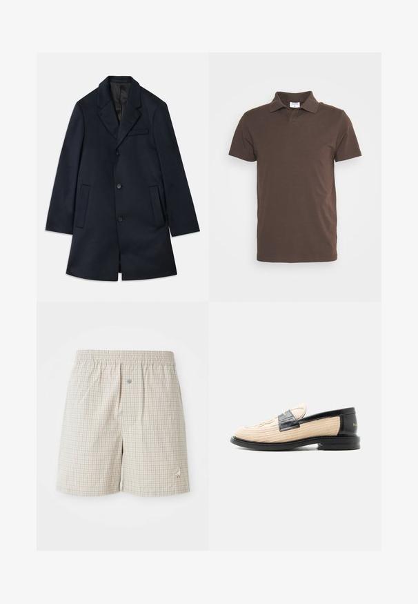 Marineblauer Wollmischmantel mit Reverskragen, drei Knopfverschluss, zwei großen Fronttaschen und einem dezenten Detail an der Brusttasche. Glatte Textur.; Filippa K Poloshirt - dark choco; Hellbeige kariertes Shorts mit einer weichen Textur, elastischem Bund und einer dekorativen weißen Gänse-Stickerei nahe dem Saum.; Beiger gewebter Loafer mit schwarzem Lederbesatz, abgerundeter Spitze, schwarzer Sohle und dekorativem gesteppten Muster an der Oberseite.