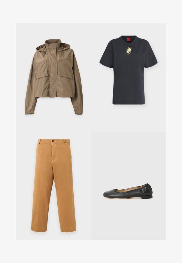 Veste à capuche marron clair avec col montant, deux grandes poches avant, poignets élastiques et fermeture éclair recouverte d'un rabat à boutons.; T-shirt noir à manches courtes avec col rond, petit motif citron jaune et texte "LA PÊCHE Hugo Santorini" sur le haut de la poitrine.; Pantalon décontracté marron à jambes droites avec passants pour ceinture, fermeture par bouton et poches latérales sur fond blanc.; Ballerines en cuir noir avec un bout arrondi et des coutures minimales. Talon bas et rectangulaire avec une texture lisse. Détails subtils de doublure intérieure.