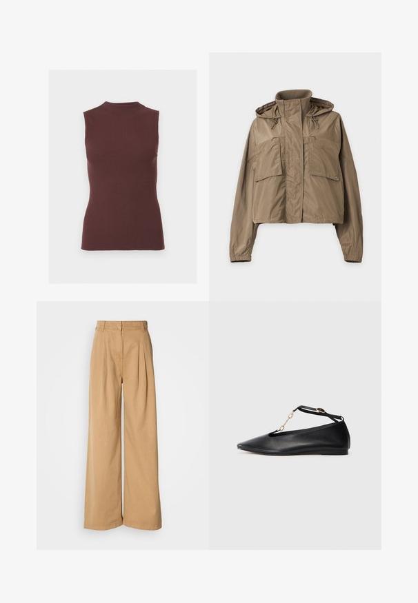 Veste à capuche marron clair avec col montant, deux grandes poches avant, poignets élastiques et fermeture éclair recouverte d'un rabat à boutons.; Top sans manches en maille côtelée marron foncé avec col montant et silhouette ajustée.; Pantalons à jambe large en coton beige, avec des plis à la taille, une taille haute et une texture lisse. Pas de matériel visible ni de motifs.; Ballerines noires en cuir avec un bout pointu, un design découpé, une bride à la cheville et un accent en chaîne dorée. Texture lisse, talon minimal.