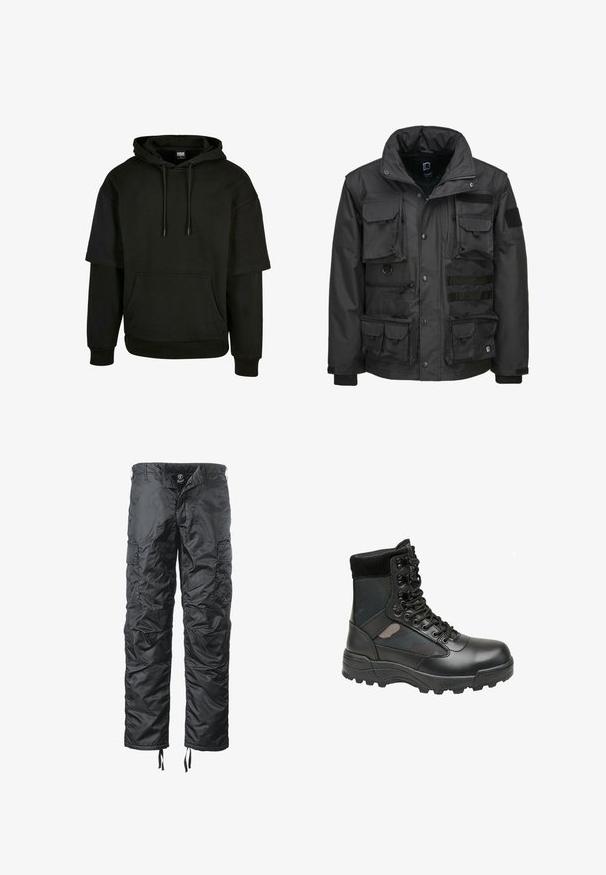 Schwarze Utility-Jacke mit mehreren Taschen, hohem Kragen, Reißverschluss und verstellbaren Bündchen. Hergestellt aus strapazierfähigem, wetterfestem Material.; Schwarzer Hoodie mit Kängurutasche, verstellbarem Kapuzenzug und kurzen Ärmeln mit verlängerten Designelementen. Aus weichem, strukturiertem Stoff gefertigt.; Schwarze isolierte Cargo-Hosen mit glatter Oberfläche, mehreren Seitentaschen, verstellbaren Kordeln am Saum und verstärkten Nähten.; Schwarzer Militärstiefel mit Lederoberteil, Gewebepaneelen, Schnürung vorne und robuster Gummisohle für beste Griffigkeit. Verstärkter Zehenbereich und Knöchelstütze.