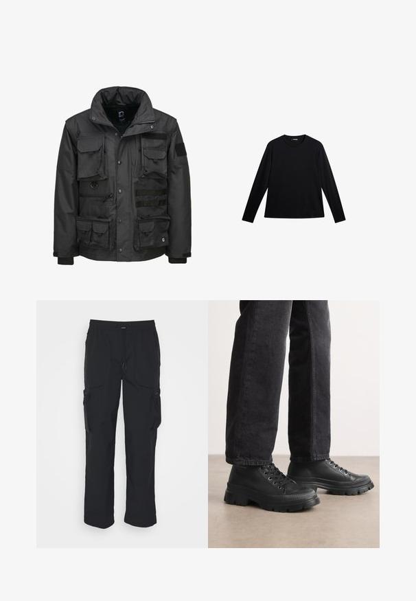 Sort utilityjakke med flere lommer, høj krave, lynlåslukning og justerbare manchetter. Fremstillet af holdbart, vejrbestandigt materiale.; Sort langærmet T-shirt lavet af glat stof, med rund hals og et diskret logo på fronten, i en afslappet pasform.; Sorte cargo-bukser lavet af vævet stof. Har justerbar talje, sidelommer og to værktøjslommer med lynlås.; Sorte snørebåndssko med en chunky, struktureret sål og glat overdel. Har metaløjer og en ribbet detalje rundt om tåen.