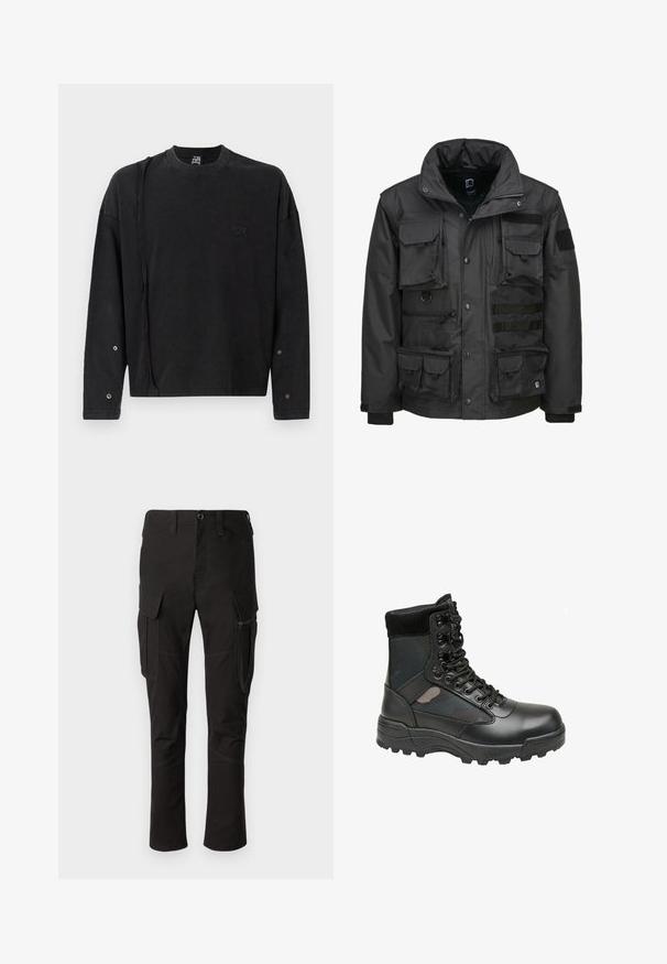 Schwarze Utility-Jacke mit mehreren Taschen, hohem Kragen, Reißverschluss und verstellbaren Bündchen. Hergestellt aus strapazierfähigem, wetterfestem Material.; Schwarzer Pullover mit langen Ärmeln und Rundhalsausschnitt, mit einem dezenten Logo auf der Vorderseite und Druckknopfdetails an den Ärmeln, aus weichem Stoff gefertigt.; Schwarze Cargo-Hosen mit mehreren Taschen, einem seitlichen Reißverschlussfach und verstärkten Nähten, mit einem geraden Beinschnitt und strapazierfähigem Stoff.; Schwarzer Militärstiefel mit Lederoberteil, Gewebepaneelen, Schnürung vorne und robuster Gummisohle für beste Griffigkeit. Verstärkter Zehenbereich und Knöchelstütze.