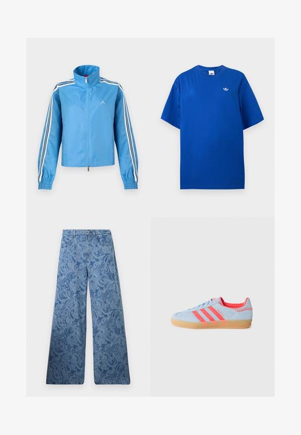 Blaues Sportjacke mit Reißverschluss und hohem Kragen, weißen und schwarzen Streifen an den Ärmeln, elastischen Bündchen und einem kleinen weißen Logo auf der Brust.; Blaues Adidas T-Shirt mit kurzen Ärmeln und Rundhalsausschnitt mit kleinem weißem Adidas-Trefoil-Logo auf der linken Brust.; Blaue Jeans mit weitem Bein und hoher Taille mit einem filigranen Paisley-Muster und klassischem Fünf-Taschen-Design.; Hellblaue Wildledersneaker mit drei rosa Streifen, Gummisohle und genähten Akzenten. Verfügt über einen gepolsterten Kragen und retro Design-Elemente.