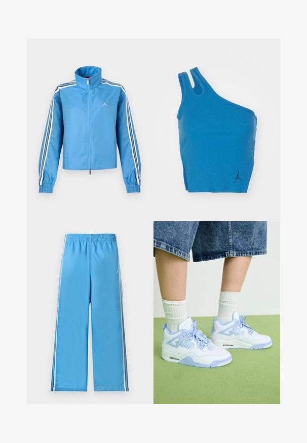 Chaqueta deportiva azul con cremallera, cuello alto, franjas blancas y negras a lo largo de las mangas, puños elásticos y un pequeño logo blanco en el pecho.; Camiseta de tirantes azul con diseño de un hombro, dos tirantes y un pequeño logo negro en la esquina inferior derecha.; Pantalones deportivos azul claro con rayas laterales blancas y azul oscuro y cinturilla elástica, colocados planos sobre un fondo claro.; Zapatillas blancas y azul claro con acentos de malla, puntera redondeada, cordones y una unidad de amortiguación de aire, combinadas con calcetines blancos de canalé y pantalones cortos de mezclilla.