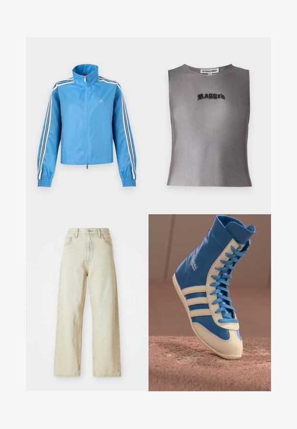 Blaues Sportjacke mit Reißverschluss und hohem Kragen, weißen und schwarzen Streifen an den Ärmeln, elastischen Bündchen und einem kleinen weißen Logo auf der Brust.; Graues ärmelloses Crop-Top aus einem durchsichtigen Stoff mit schwarz gesticktem Text "Ragged" in der Mitte. Einfaches, modernes Design.; Weite Jeans aus Denim in einem hellbeigen Farbton, mit vorderen Taschen, hoher Taille und dezenten Nähdetails. Hergestellt aus strukturiertem Denim-Stoff.; Hochschnittige Sneaker aus blauem und cremefarbenem Leder, mit einer strukturierten Sohle, kontrastierenden Schnürsenkeln und drei charakteristischen Streifen an der Seite.