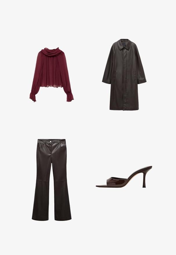 Bruine leren jas met een kraag, lange mouwen en twee voorkant zakken. Gladde textuur en recht gesneden ontwerp.; Bordeaux chiffon blouse met een gedrapeerde hals en lange mouwen. De mouwen hebben gather cuffs, wat een vloeiende silhouet creëert.; Zwarte flarebroek van glad faux leer, met voorzakken, een ritsfly en een zilveren knoop. Geaccentueerde stikseldetails.; Donkerbruine lakleren mule met open teen, brede band en slanke hoge hak op een witte achtergrond.