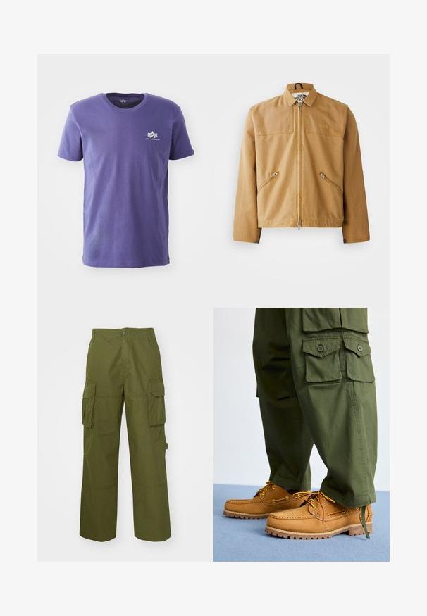 Veste brune à fermeture éclair sur le devant, avec un col, deux poches latérales en biais et un logo sur la poitrine gauche. Fabriquée en tissu lisse et résistant.; T-shirt violet à manches courtes et col rond avec petit logo blanc Alpha Industries sur la poitrine gauche, sur fond blanc.; Pantalons cargo vert olive en tissu résistant, avec deux poches latérales, une coupe décontractée et une fermeture à boutons à la taille.; Timberland AUTHENTIC 3 EYE - Chaussures bateau - wheat