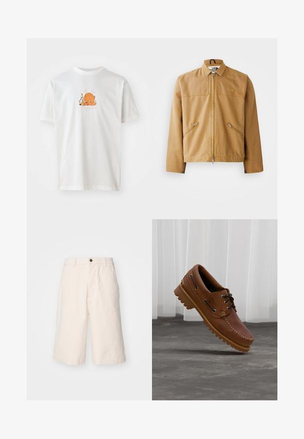Brun, jakke med lynlås foran, krave, to skrå sidelommer og et logo på venstre bryst. Lavet af glat, holdbart stof.; Hvid bomulds t-shirt med rund halsudskæring. Forsiden viser en orange tegneseriefigur omgivet af blomster og tekst i pink.; Lys beige bomuldsshorts med lige pasform, der har en knaplukning, sidelommer og en kant, der falder lige over knæet.; Brun læder bådsko med sorte snørebånd, beige syninger og en robust sål, hængende over en grå betongulv.