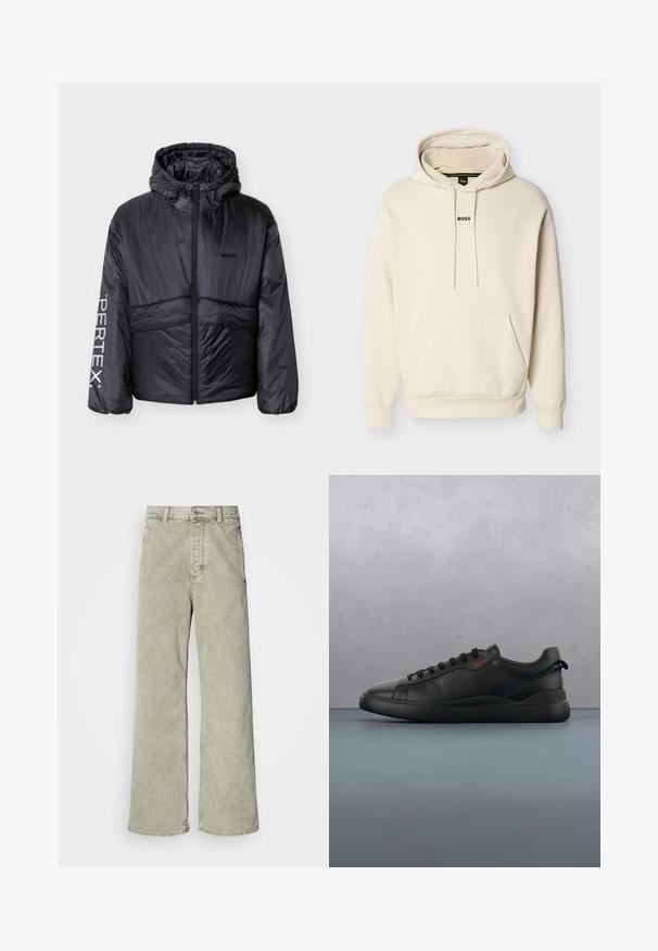 Black puffer jacket with hood, front zipper, "HUGO" logo on chest, and "PERTEX" text on left sleeve, displayed against white background.; Cream-colored hooded sweatshirt with a front pocket, adjustable drawstrings, and "BOSS" logo embroidered in black on the chest. Soft material.; Light green wide-leg jeans with a high waist, made from denim, featuring a button closure and classic five-pocket design.; HUGO BLAKE - Trainers - black