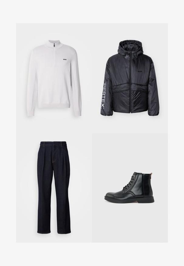 Doudoune noire avec capuche, fermeture éclair à l'avant, logo "HUGO" sur la poitrine et inscription "PERTEX" sur la manche gauche, présentée sur fond blanc.; Sweater zippé blanc avec un col montant, texture côtelée et manches longues. Présente un petit logo noir "BOSS" sur la poitrine.; Jean en denim large à jambes bleues foncées avec des plis devant et des coutures orange, présenté sur fond blanc.; Bottine en cuir noir avec laçage à l'avant, bout arrondi, semelle plate et languette à l'arrière sur un fond uni gris clair.