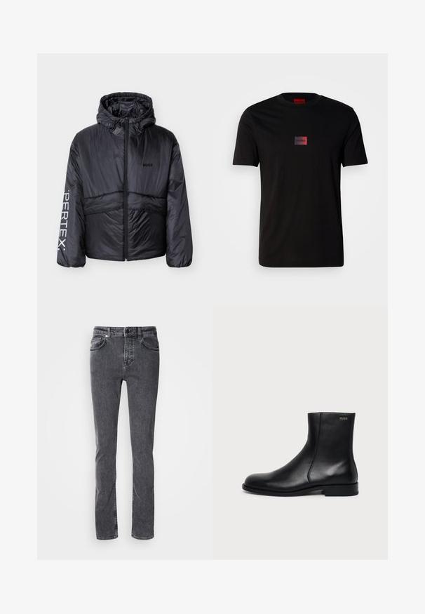 Doudoune noire avec capuche, fermeture éclair à l'avant, logo "HUGO" sur la poitrine et inscription "PERTEX" sur la manche gauche, présentée sur fond blanc.; T-shirt en coton noir avec un petit logo rectangulaire en dégradé de noir et rouge sur la poitrine. Manches courtes et col rond.; Jean en denim gris foncé, coupe droite, cinq poches, coutures contrastantes, braguette zippée et fermeture par bouton. Aucun motif ou ornement visible.; Bottine en cuir noir à talon bas, couture latérale et petit logo "HUGO" sur le revers supérieur sur un fond uni.