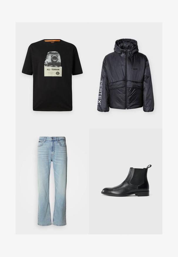 Doudoune noire avec capuche, fermeture éclair à l'avant, logo "HUGO" sur la poitrine et inscription "PERTEX" sur la manche gauche, présentée sur fond blanc.; T-shirt en coton noir avec un col rond, affichant un imprimé graphique d'un véhicule classique et le texte "ALL - TERRAIN" sur la poitrine.; Jeans en denim bleu clair avec une coupe droite, dotés de cinq poches, d'une fermeture à bouton et d'une légère décoloration sur le tissu.; Bottine en cuir noir avec des panneaux latéraux élastiques, bout rond et tirette. Texture lisse, semelle plate, design minimaliste.
