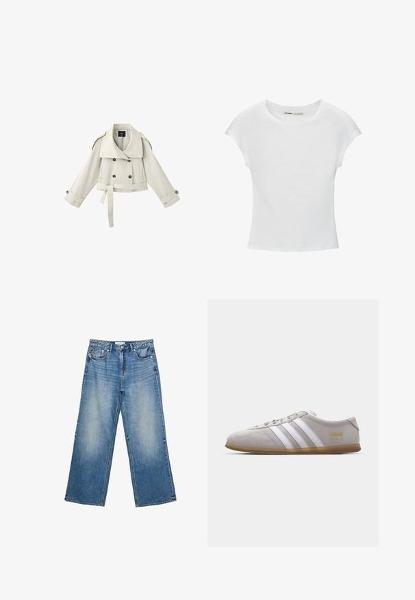 Hellbeige gekürzter Trenchcoat mit doppelreihigen Knöpfen, weitem Kragen, Gürtel und geknöpften Manschetten an langen Ärmeln.; Weißes Baumwoll-T-Shirt mit kurzen, aufgerollten Ärmeln, rundem Ausschnitt und geradem Saum. Glatte Textur ohne sichtbare Muster oder Akzente.; Hellblaue, weit geschnittene Jeans aus Denim mit einem hellen Waschung, fünf Taschen, einem Knopfverschluss und sichtbaren Nähten entlang der Nähte.; Graue Wildleder-Sneaker mit weißen Lederstreifen und goldenen Logodetails. Flache Gummisohle, abgerundete Zehenpartie und klassisches Schnürverschlussdesign.