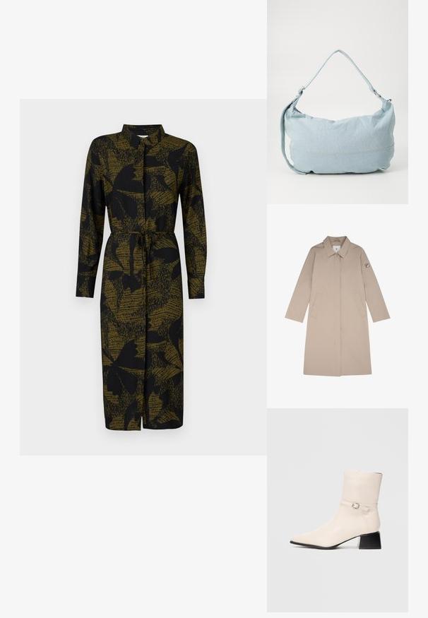 Beige sade takki, jossa on kaulus, pitkät hihat, kaksi etutaskua ja logopainatus vasemmassa hihassa. Valmistettu sileästä, vettä hylkivästä materiaalista.; JDY JDYLIZA SHIRT DRESS - Paitamekko - winter moss; Kremvärinen nilkkuri, jossa on hopeinen solkiremmi ja musta laatikkokorko, esitetty profiilista yksinkertaisella taustalla.; Vaaleansininen farkkukangasta olkalaukku, jolla on pyöreä muoto, säädettävä hihna ja hienovarainen ommel yläreunan ympärillä. Pehmeä tekstuuri.