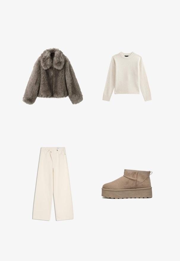 Fuskepelsjakke i grå med stor krave, kort design og lange ærmer. Teksturen er fluffy og viser et tæt, blødt udseende.; Lys beige strikket sweater med ribbet crew hals og kant, som har lange ærmer og en afslappet silhuet. Blød tekstur og minimalistisk design.; Off-white bukser med vidde i benene, foranlommer, bærestropper og sølvknapper på linningen og lommekanter.; Beige suede ankelstøvle med rund tå, elastisk krave og en tykk platformsål med dybe riller for greb. Flad, strømlinet design.