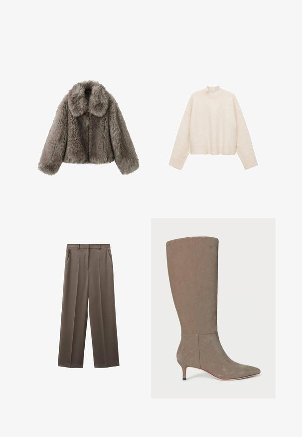 Fuskepelsjakke i grå med stor krave, kort design og lange ærmer. Teksturen er fluffy og viser et tæt, blødt udseende.; Cremefarvet pullover trøje lavet af blødt stof, med høj hals, sænket skuldre og en cropped design med ribbede kanter.; Bukser med vide ben i et afdæmpet brunt stof med en glat tekstur, der har to forlommer og en skræddersyet linning.; Knæhøj grå ruskindstøvle med spids tå og lav hæl, der har et rent design og subtile lodrette sømdetaljer.