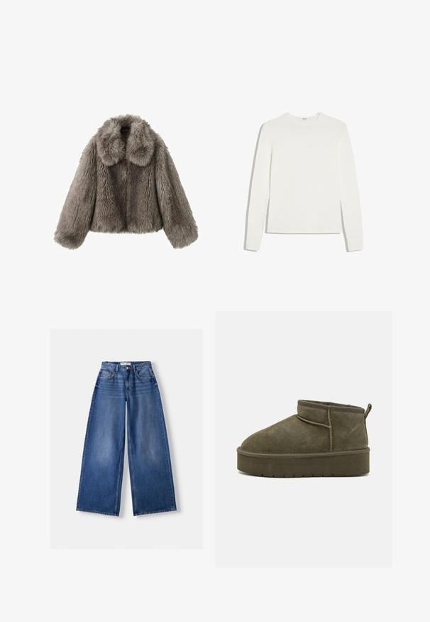 Valse bontjas in grijs met een brede kraag, kort model en lange mouwen. De textuur is pluizig en toont een dichte, zachte uitstraling.; Effen wit shirt met lange mouwen en ronde hals, slim fit, plat gelegd op een witte achtergrond.; Wijd uitlopende blauwe spijkerbroek met voorkanten, riemlussen en knoopsluiting, plat liggend op een lichte achtergrond.; Olijfgroene suède enkellaarzen met een ronde teen, gestikte details en een dikke zool met een gestructureerd patroon. Kleine trekband aan de achterkant.